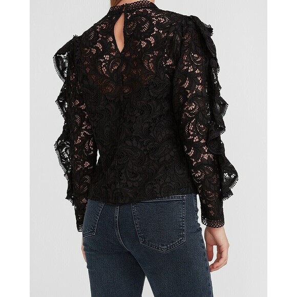Express Lace Mock Neck Ruffle Sleeve Chic Elegant Top Blouse Unlined Black Sz S - Picture 2 of 12